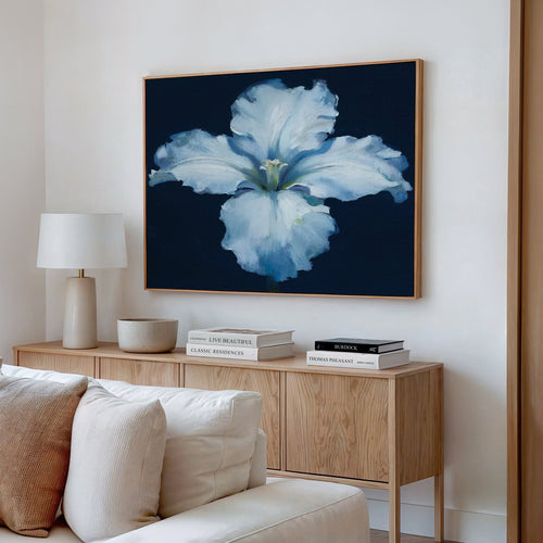 Moonlit Iris Whisper – beige and white botanical canvas wall art print by Aspire Prints