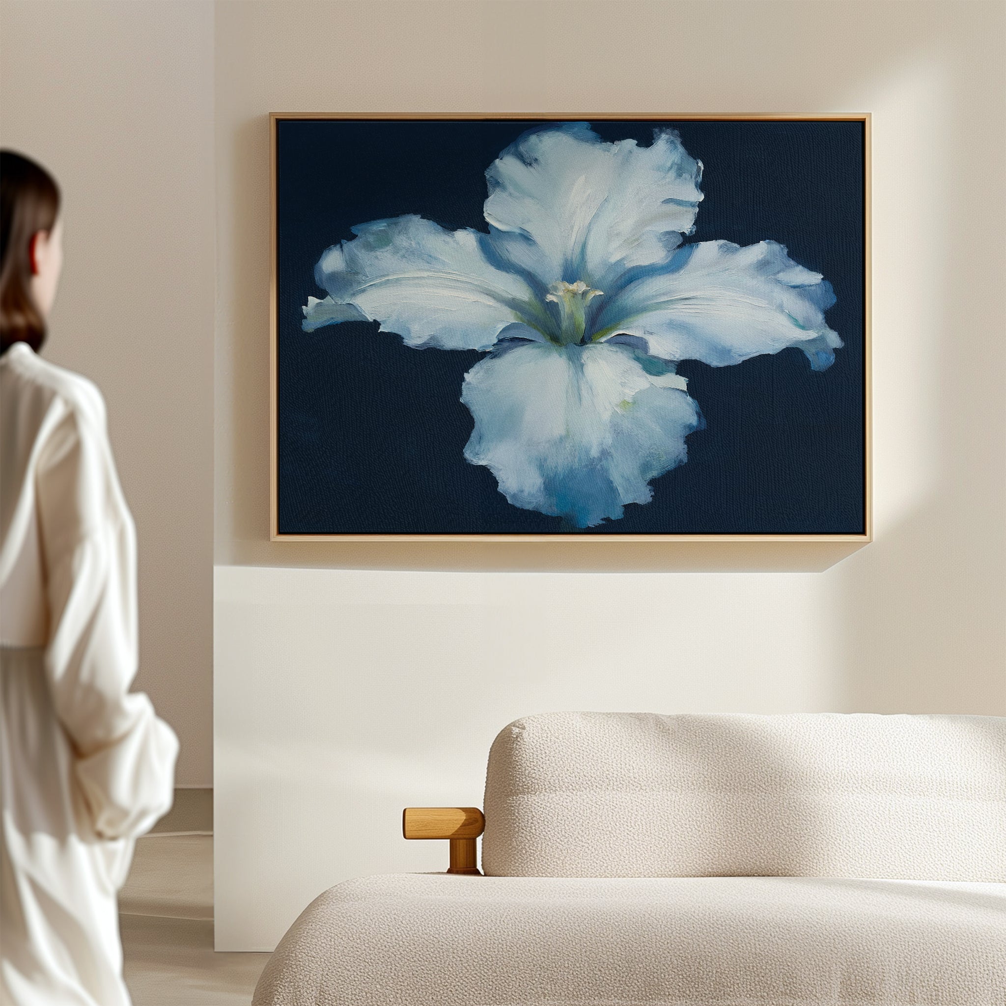 Moonlit Iris Whisper – beige and white botanical canvas wall art print by Aspire Prints