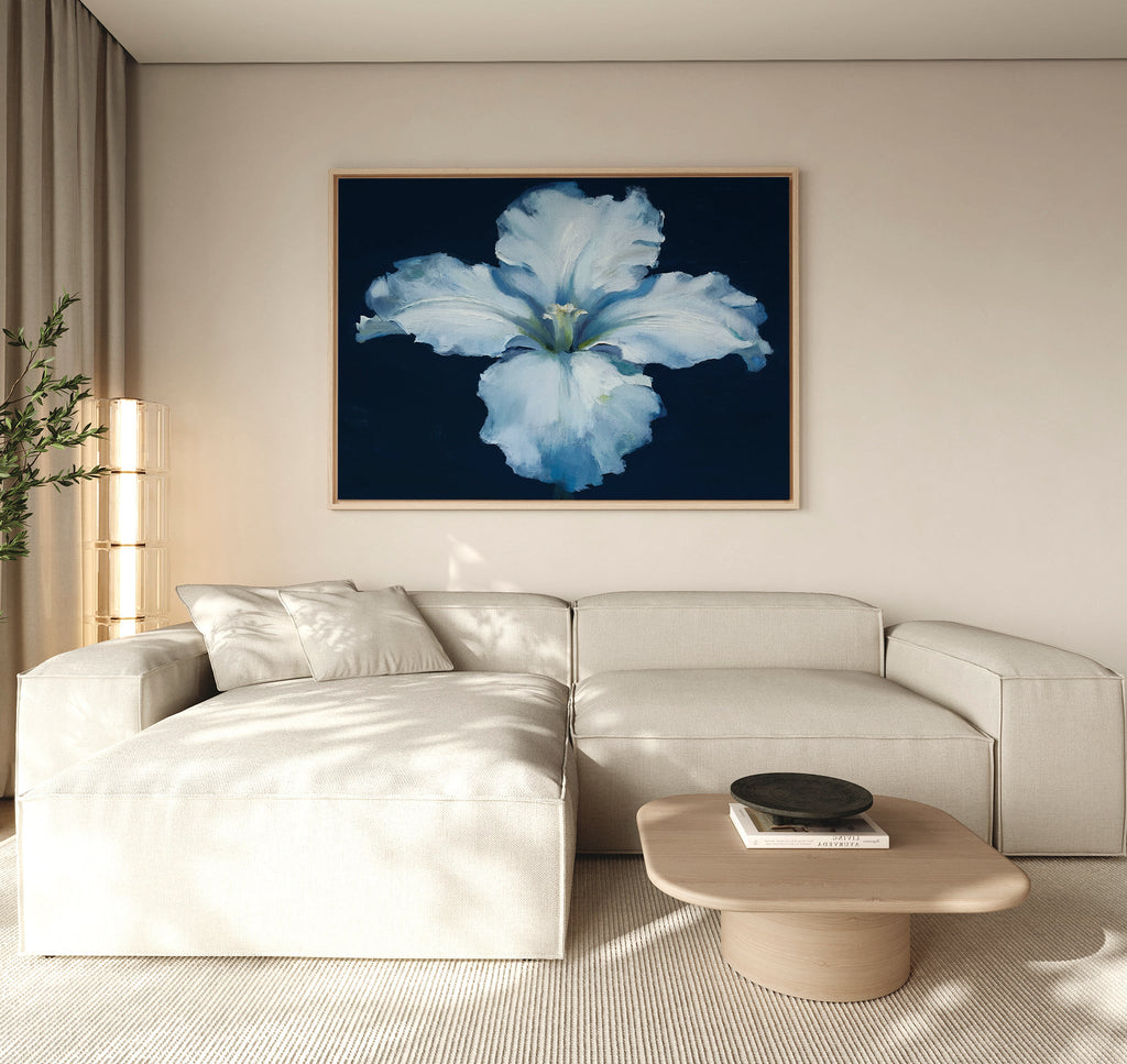 Moonlit Iris Whisper – beige and white botanical canvas wall art print by Aspire Prints