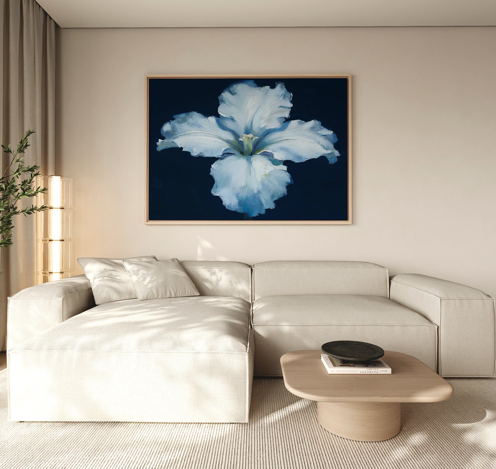 Moonlit Iris Whisper – beige and white botanical canvas wall art print by Aspire Prints
