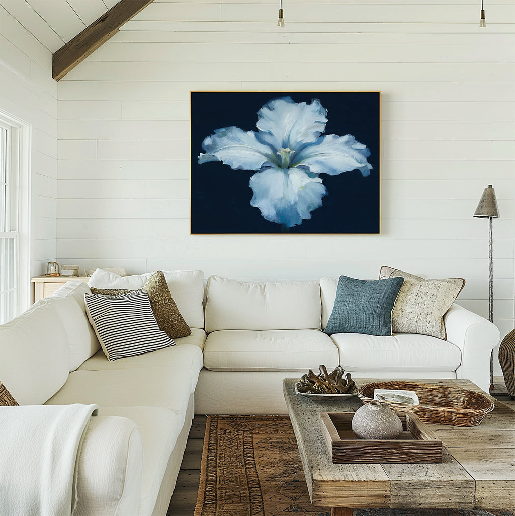 Moonlit Iris Whisper – beige and white botanical canvas wall art print by Aspire Prints