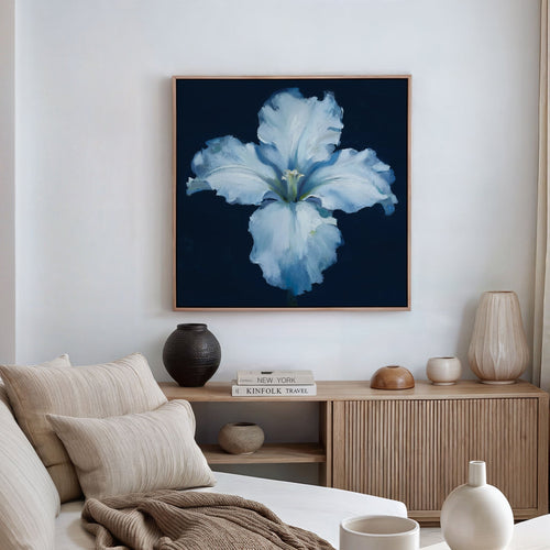 Moonlit Iris Whisper – beige and white botanical canvas wall art print by Aspire Prints