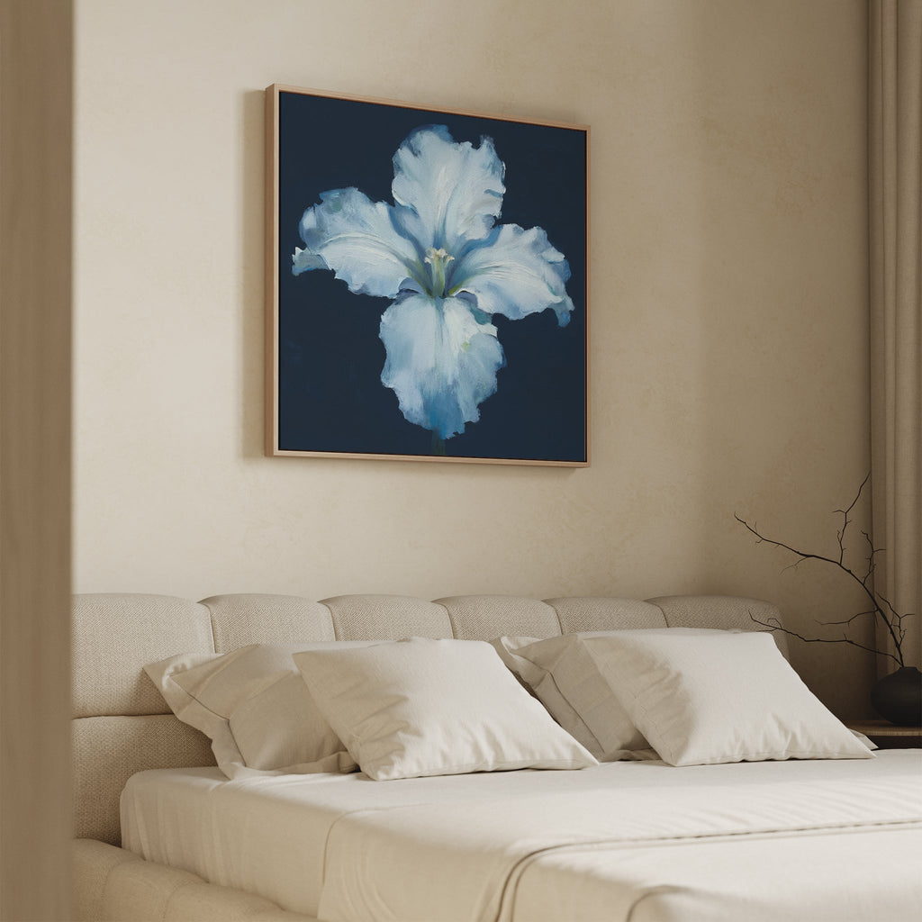 Moonlit Iris Whisper – beige and white botanical canvas wall art print by Aspire Prints