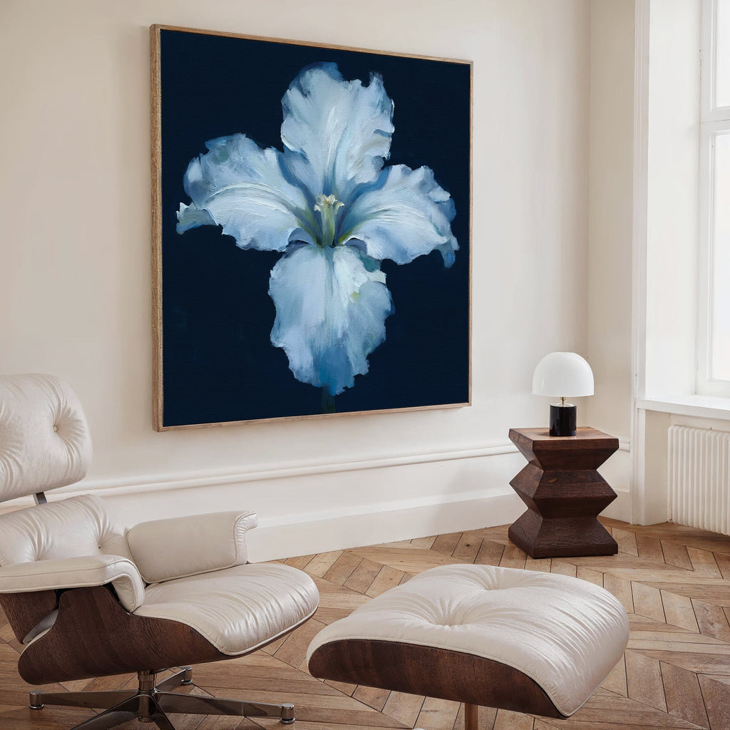 Moonlit Iris Whisper – beige and white botanical canvas wall art print by Aspire Prints