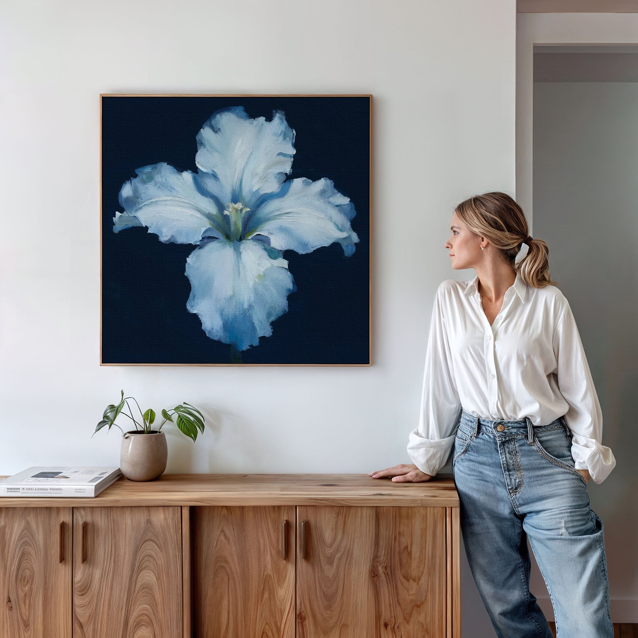 Moonlit Iris Whisper – beige and white botanical canvas wall art print by Aspire Prints