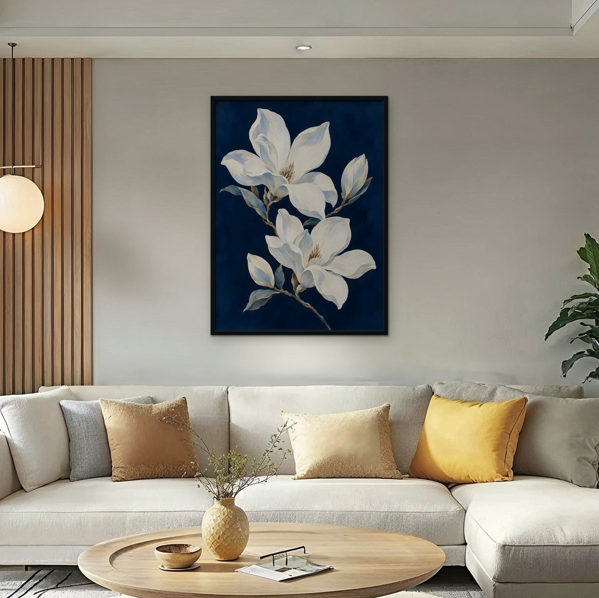 Magnolia Pair Canvas Art - Vertical – Black Floating Frame in room setting