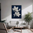 Magnolia Pair Canvas Art - Vertical – Black Floating Frame in room setting