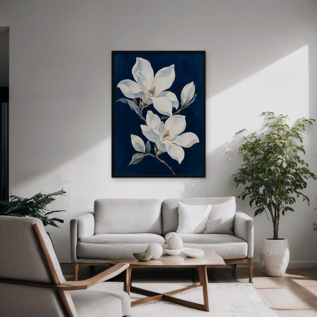 Magnolia Pair Canvas Art - Vertical – Black Floating Frame in room setting