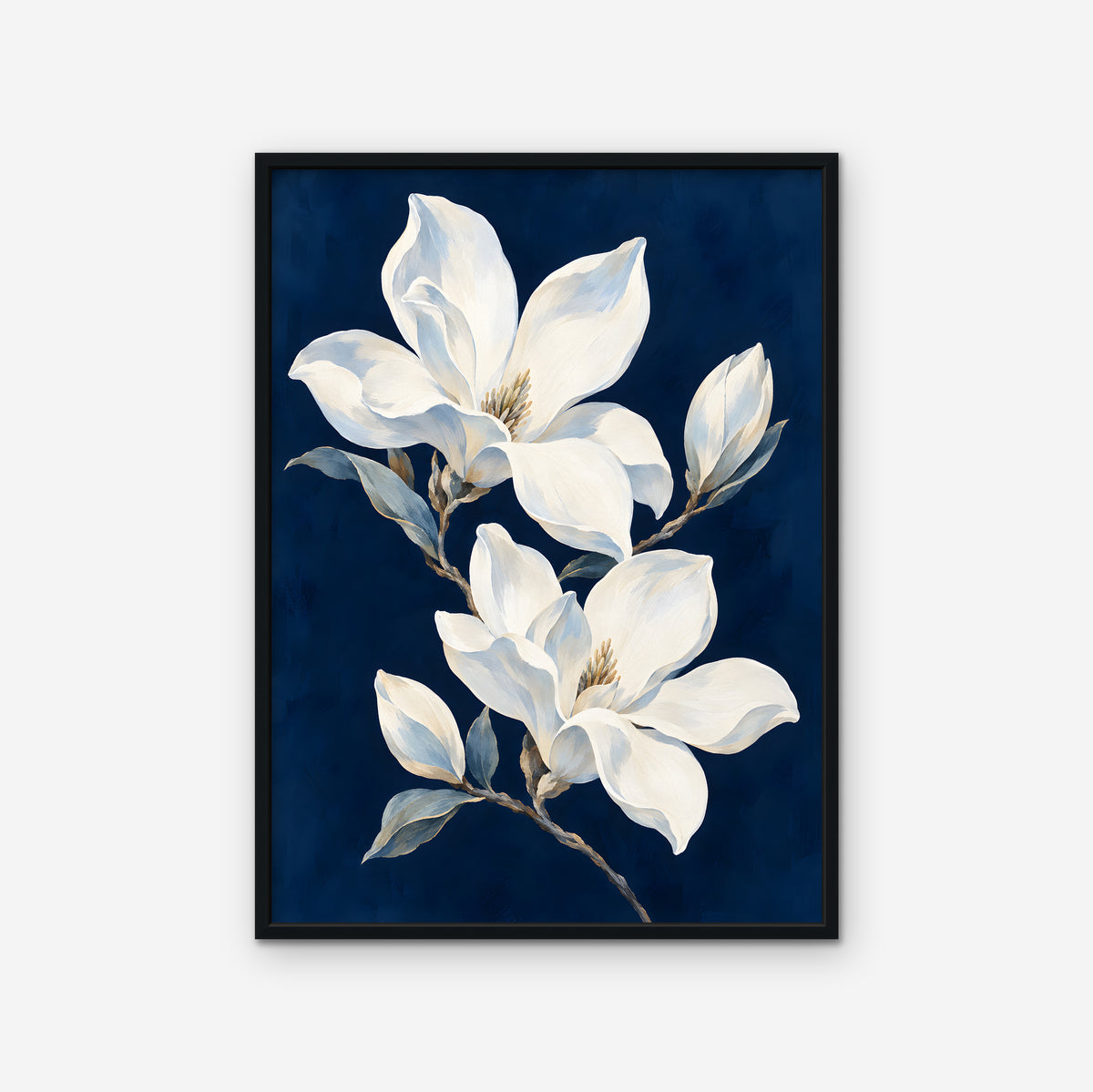 Magnolia Pair Canvas Art - Vertical – Black Floating Frame on white background