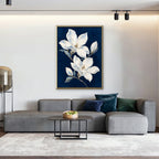 Magnolia Pair Canvas Art - Vertical – Gold Floating Frame in room setting