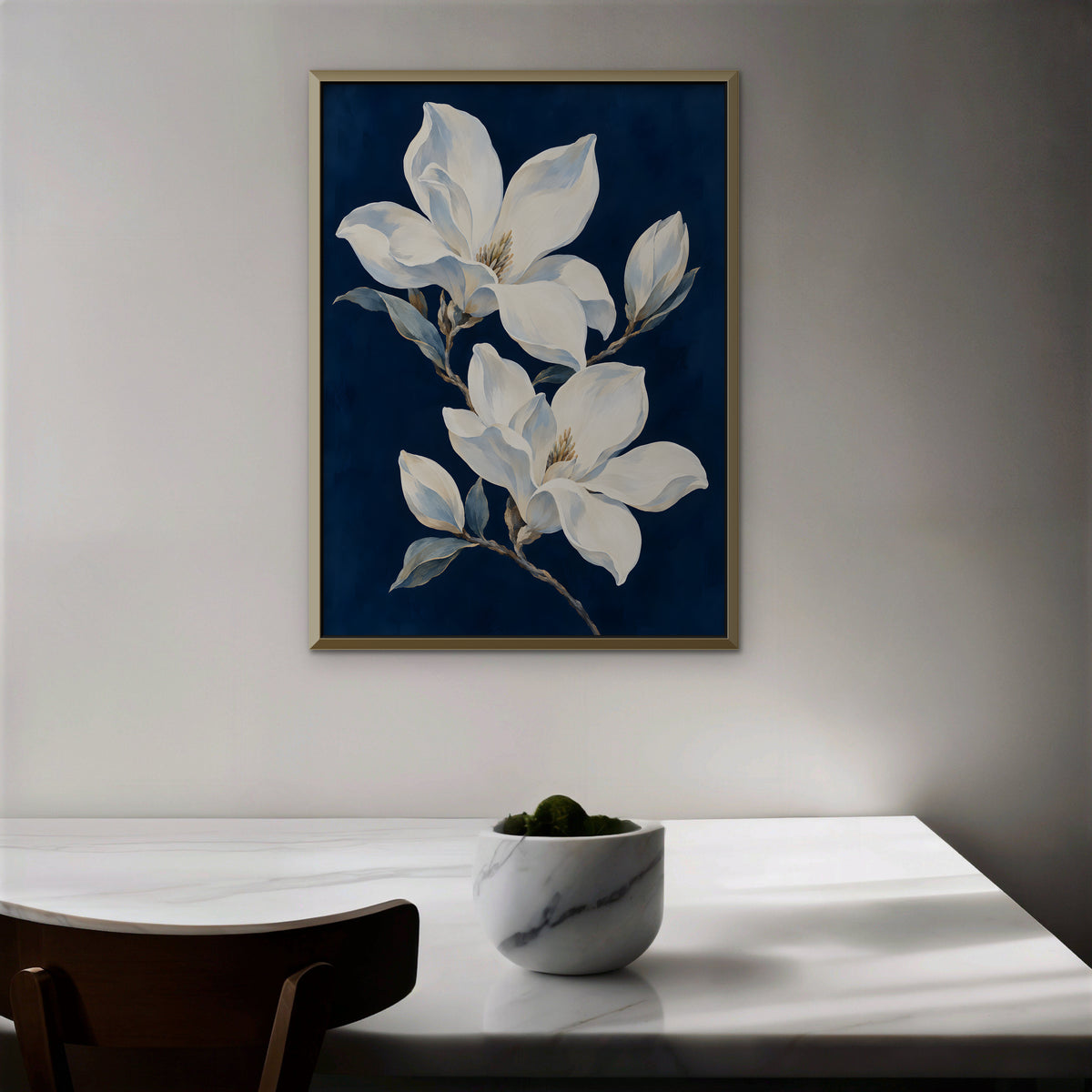Magnolia Pair Canvas Art - Vertical – Gold Floating Frame in room setting