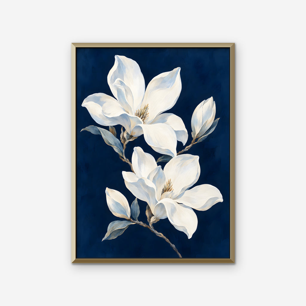 Magnolia Pair Canvas Art - Vertical – Gold Floating Frame on white background