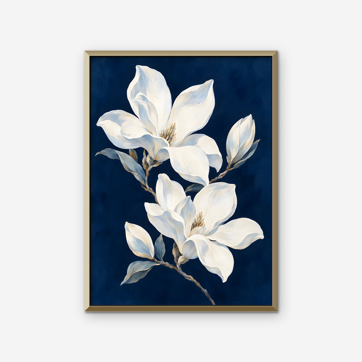 Magnolia Pair Canvas Art - Vertical – Gold Floating Frame on white background