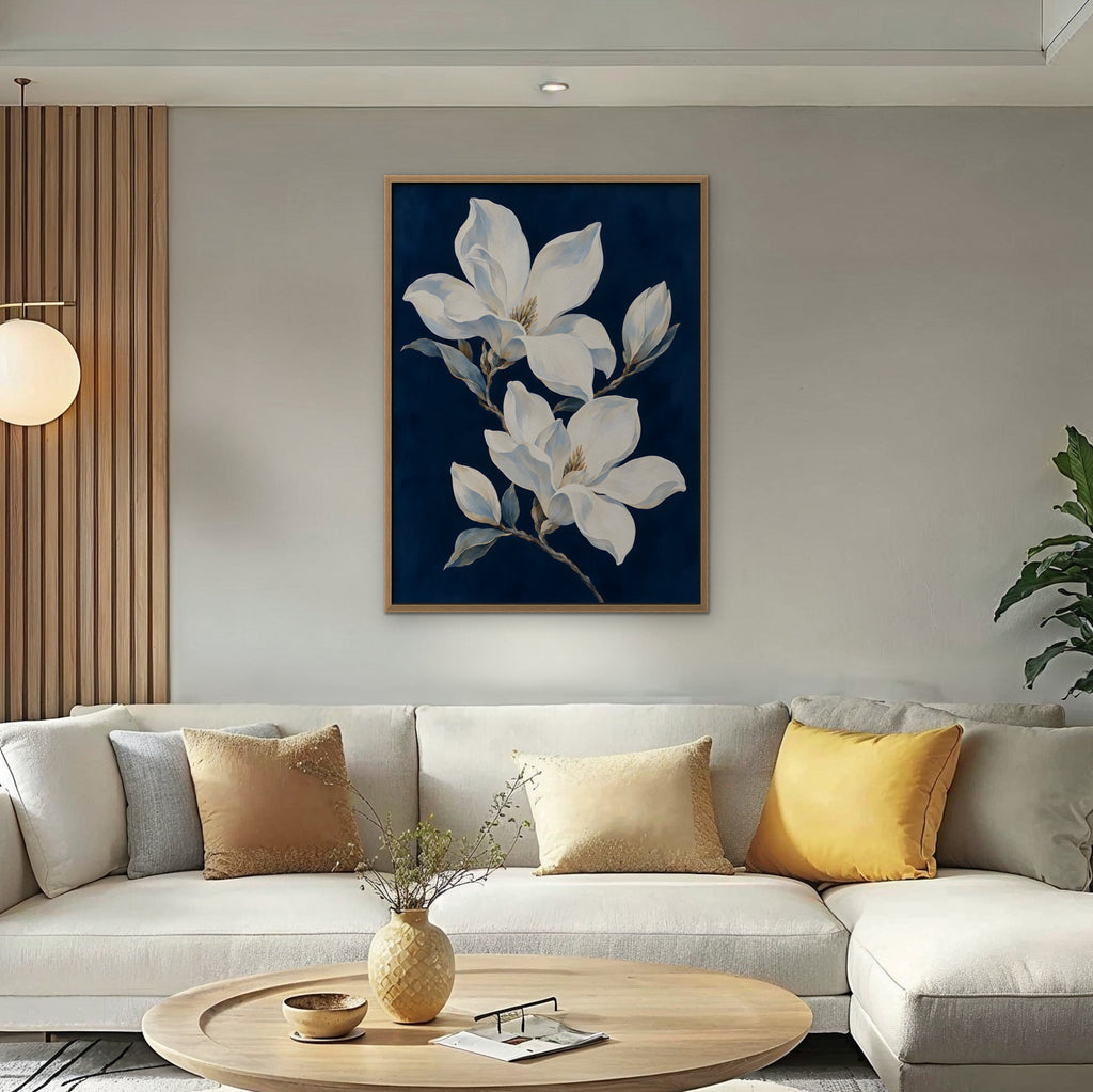 Magnolia Pair Canvas Art - Vertical – Oak Floating Frame in room setting