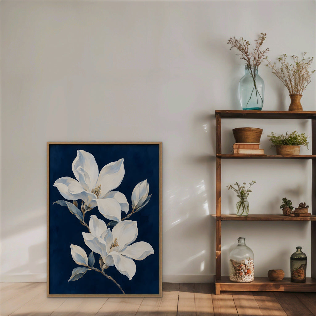 Magnolia Pair Canvas Art - Vertical – Oak Floating Frame in room setting