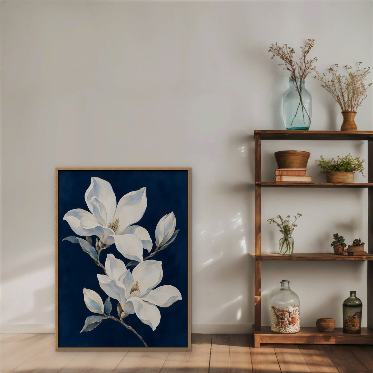 Magnolia Pair Canvas Art - Vertical – Oak Floating Frame in room setting