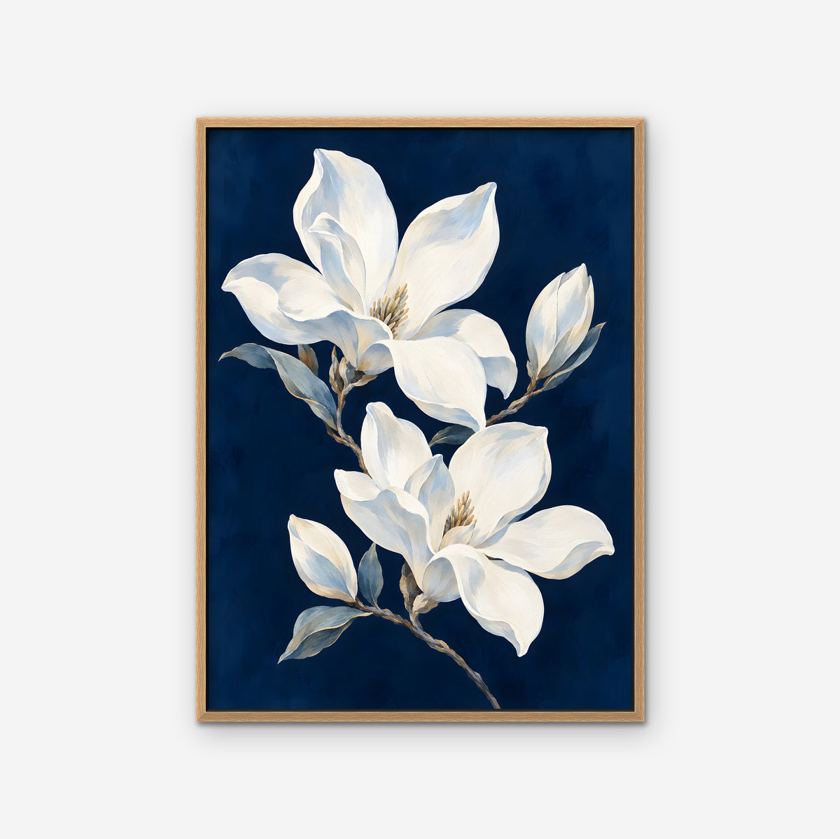 Magnolia Pair Canvas Art - Vertical – Oak Floating Frame on white background