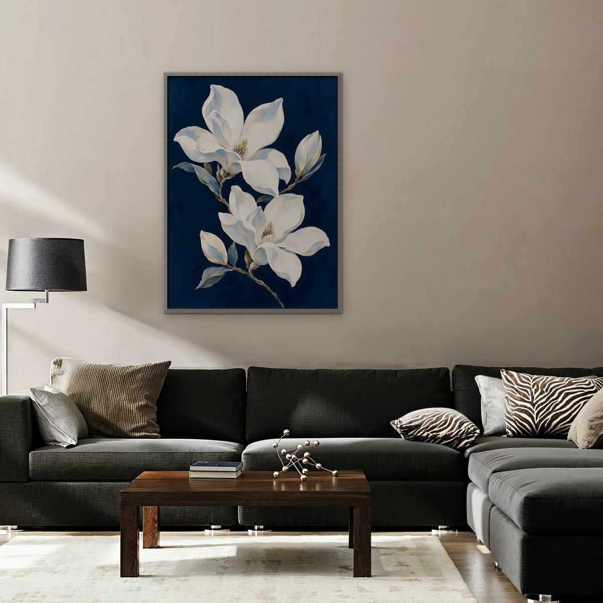 Magnolia Pair Canvas Art - Vertical – Silver Floating Frame in room setting