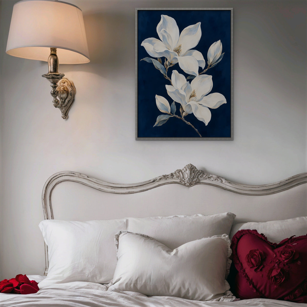 Magnolia Pair Canvas Art - Vertical – Silver Floating Frame in room setting