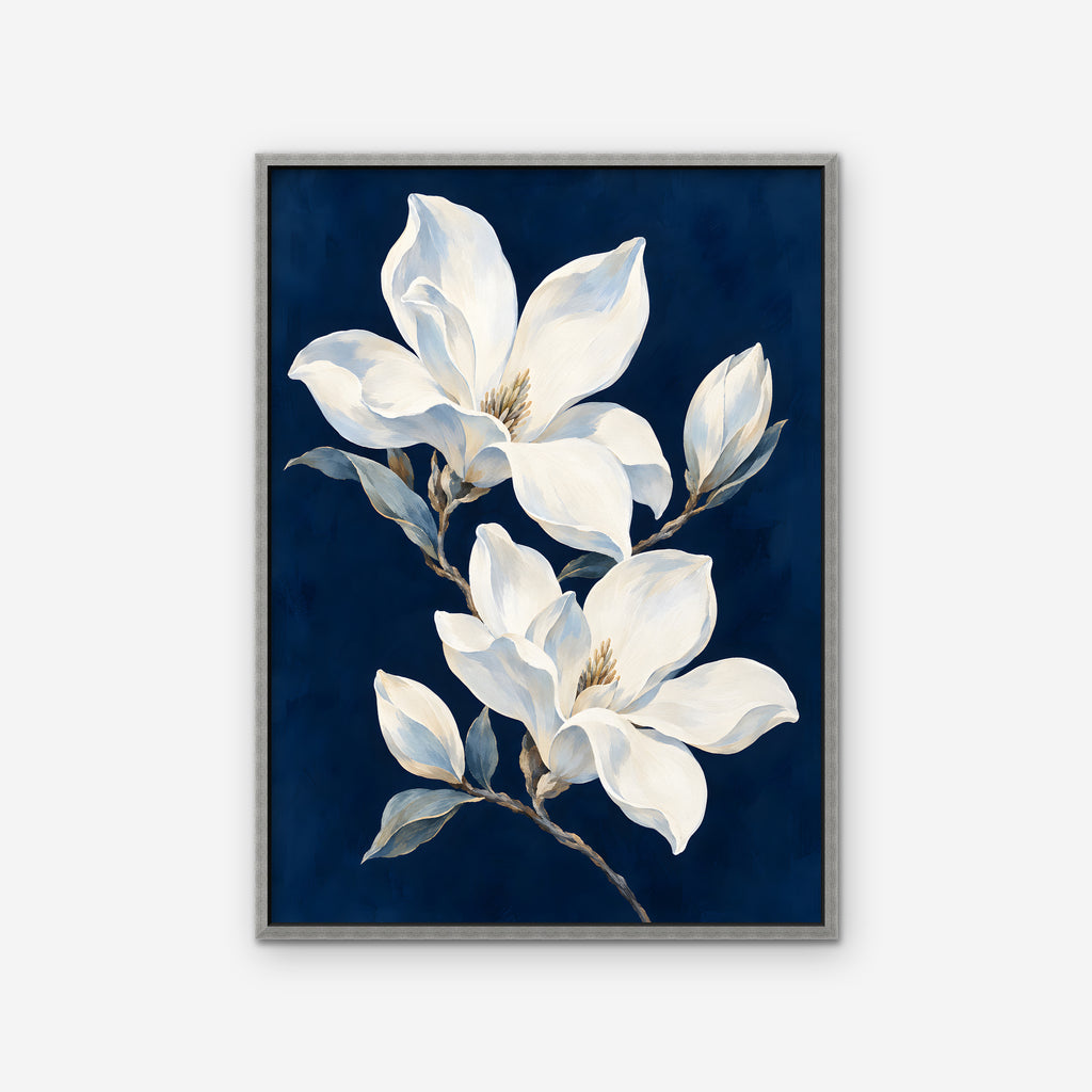 Magnolia Pair Canvas Art - Vertical – Silver Floating Frame on white background