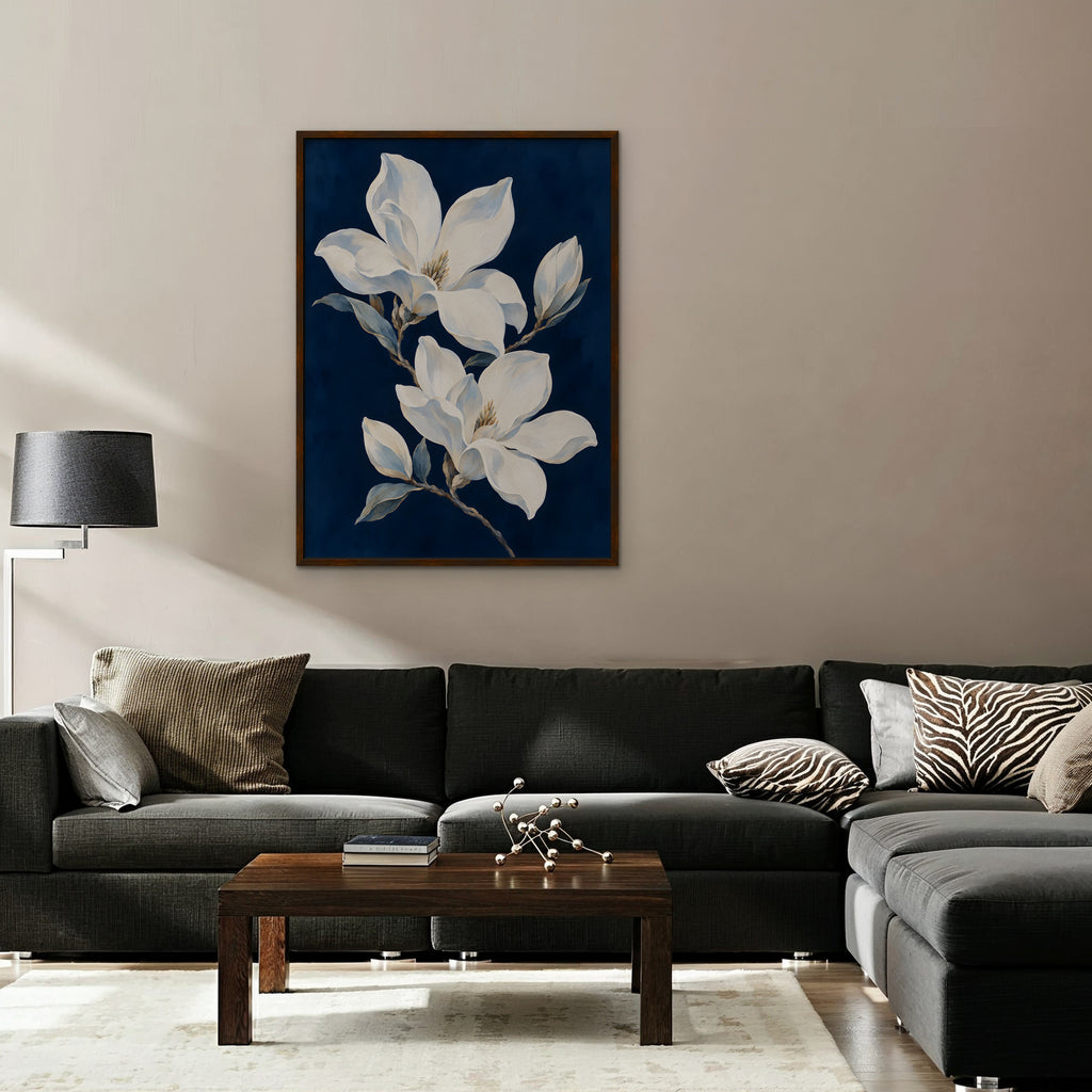 Magnolia Pair Canvas Art - Vertical – Walnut Floating Frame in room setting
