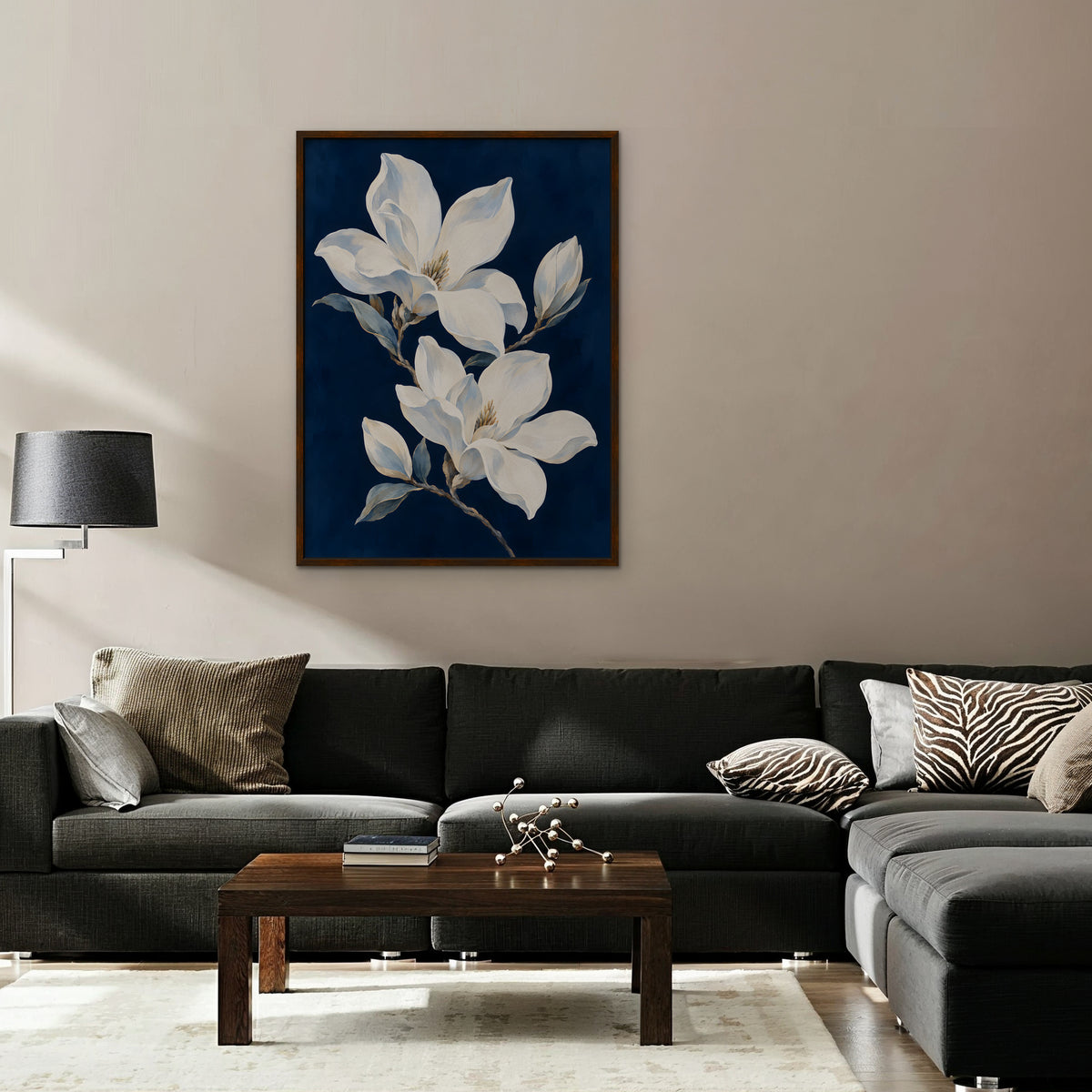 Magnolia Pair Canvas Art - Vertical – Walnut Floating Frame in room setting