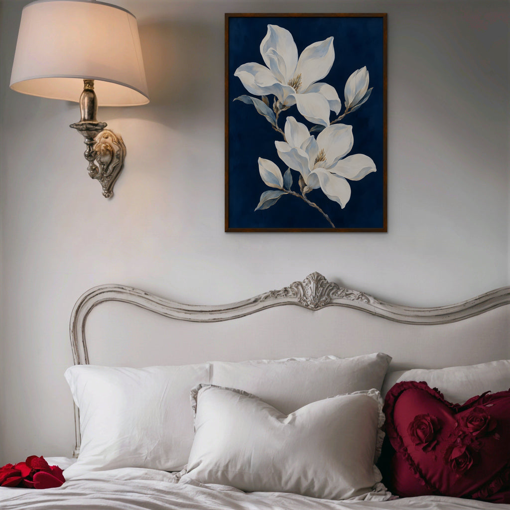Magnolia Pair Canvas Art - Vertical – Walnut Floating Frame in room setting