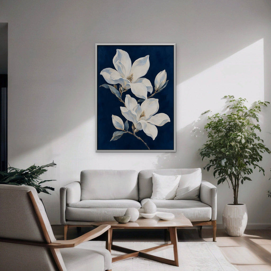 Magnolia Pair Canvas Art - Vertical – White Floating Frame in room setting