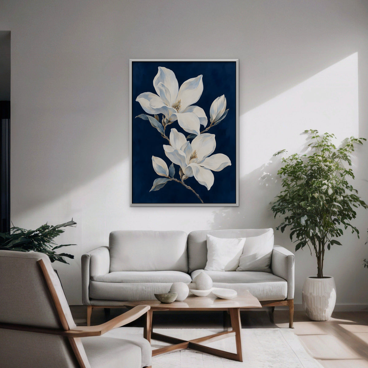 Magnolia Pair Canvas Art - Vertical – White Floating Frame in room setting