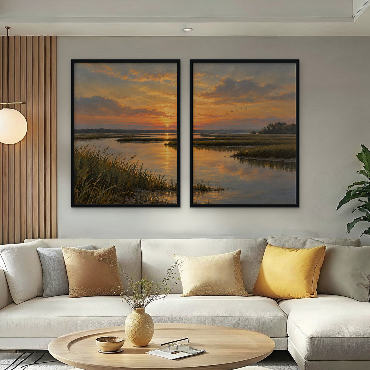 Marsh Sunset Canvas Art - Set of 2 – Black Floating Frame in room setting