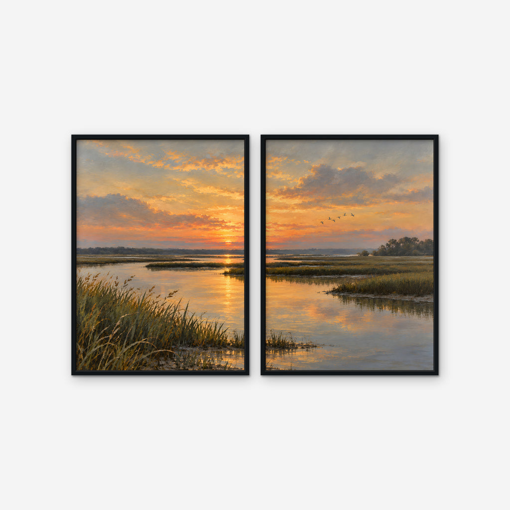 Marsh Sunset Canvas Art - Set of 2 – Black Floating Frame on white background