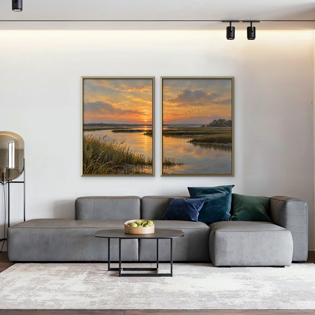 Marsh Sunset Canvas Art - Set of 2 – Gold Floating Frame in room setting