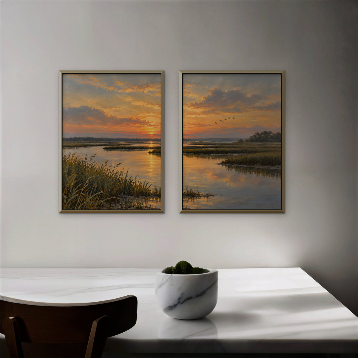 Marsh Sunset Canvas Art - Set of 2 – Gold Floating Frame in room setting