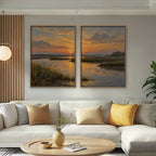 Marsh Sunset Canvas Art - Set of 2 – Oak Floating Frame in room setting