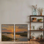 Marsh Sunset Canvas Art - Set of 2 – Oak Floating Frame in room setting