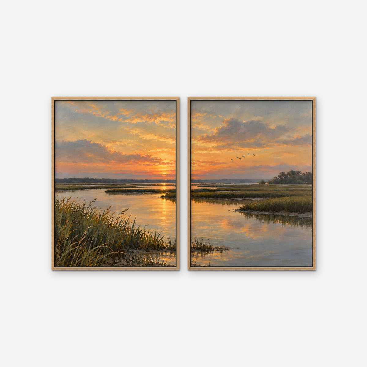 Marsh Sunset Canvas Art - Set of 2 – Oak Floating Frame on white background