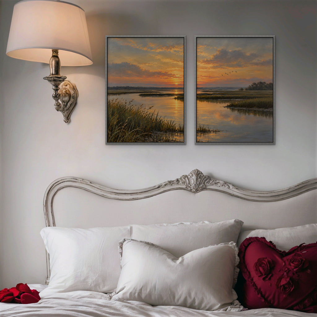 Marsh Sunset Canvas Art - Set of 2 – Silver Floating Frame in room setting