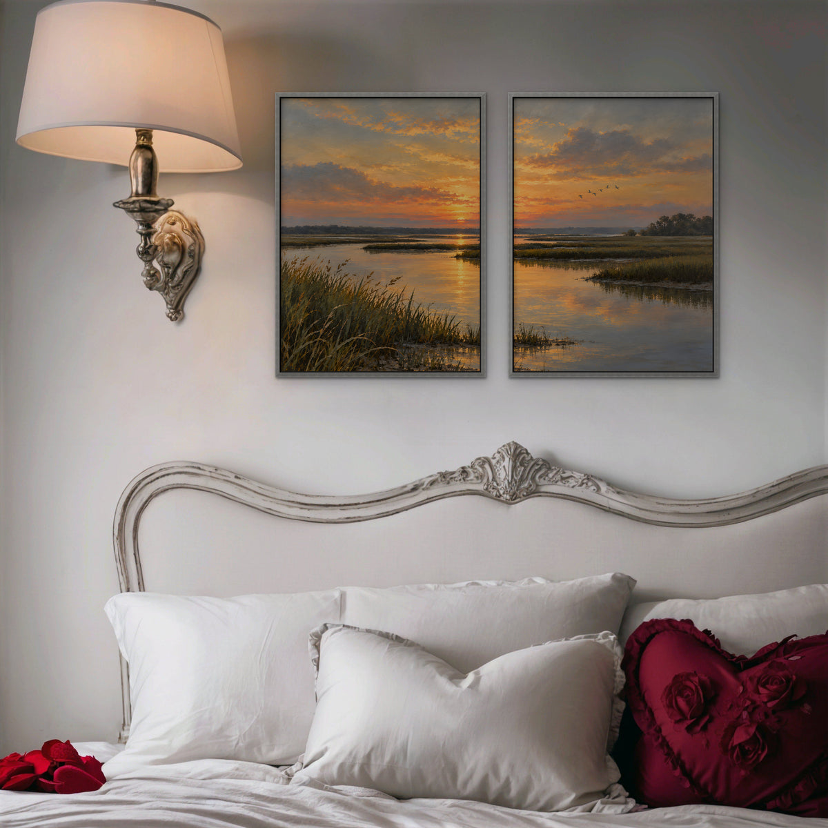 Marsh Sunset Canvas Art - Set of 2 – Silver Floating Frame in room setting