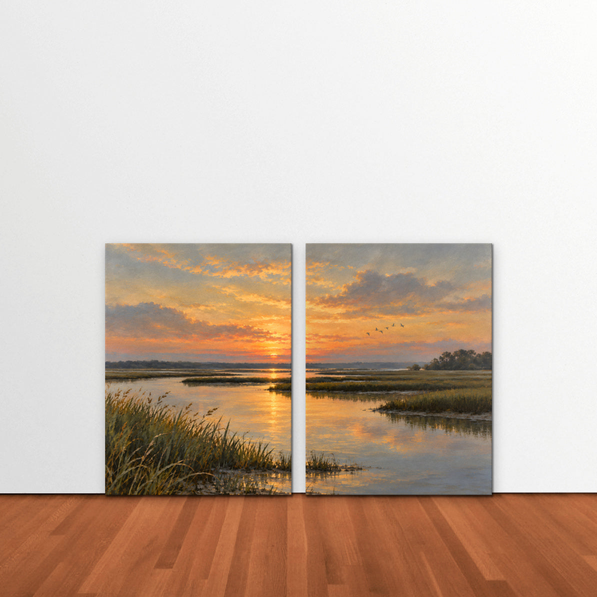 Marsh Sunset Canvas Art - Set of 2 – Stretched Canvas Only in room setting