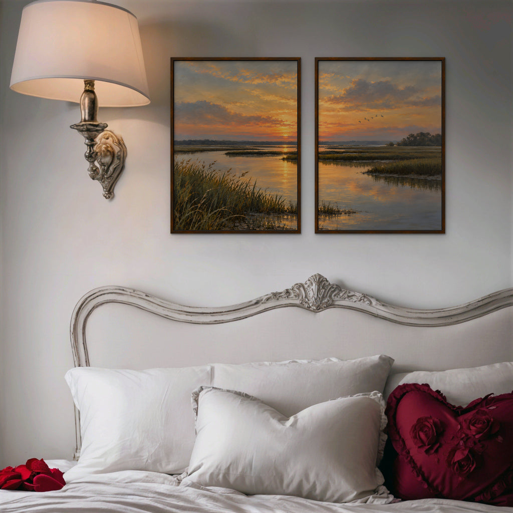 Marsh Sunset Canvas Art - Set of 2 – Walnut Floating Frame in room setting
