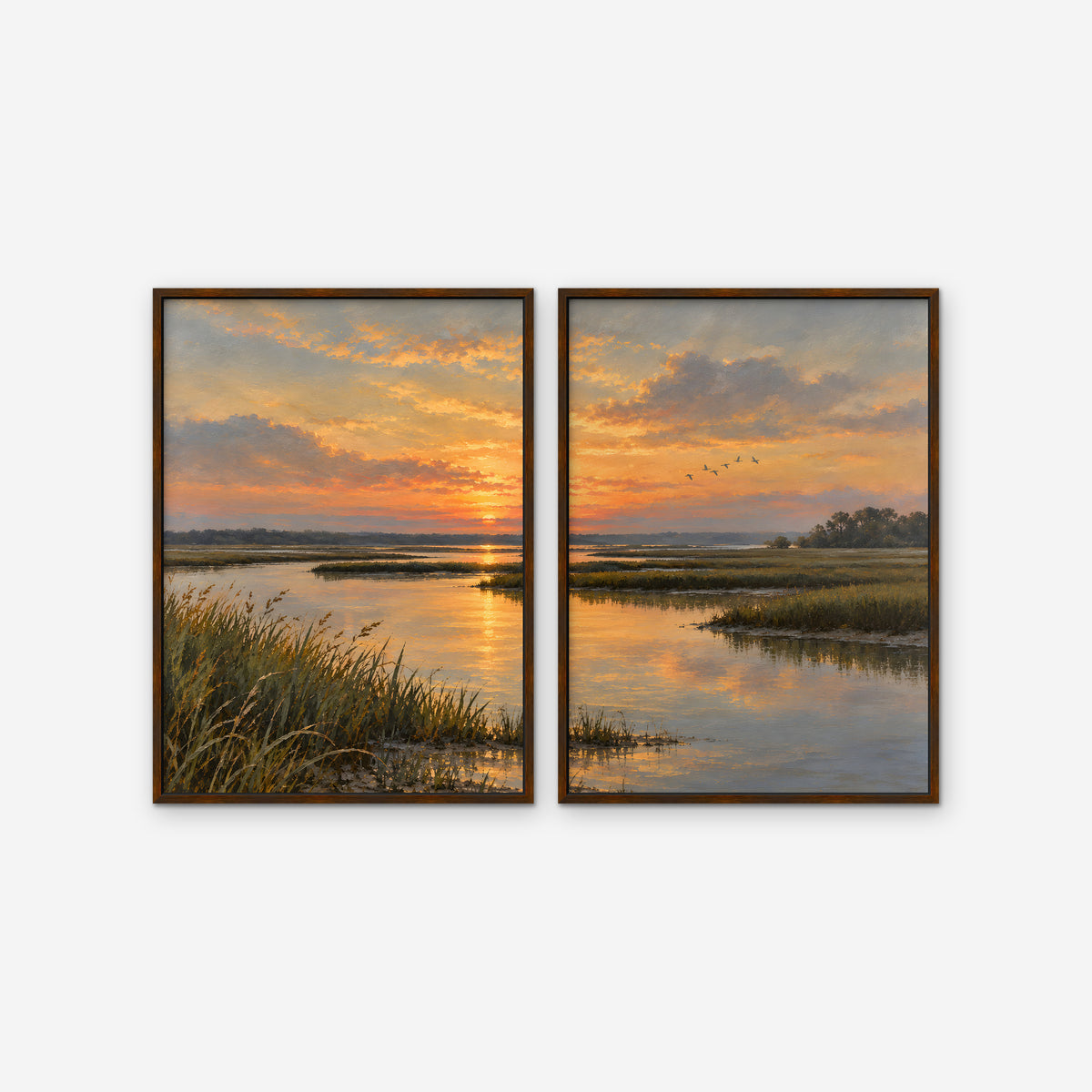 Marsh Sunset Canvas Art - Set of 2 – Walnut Floating Frame on white background