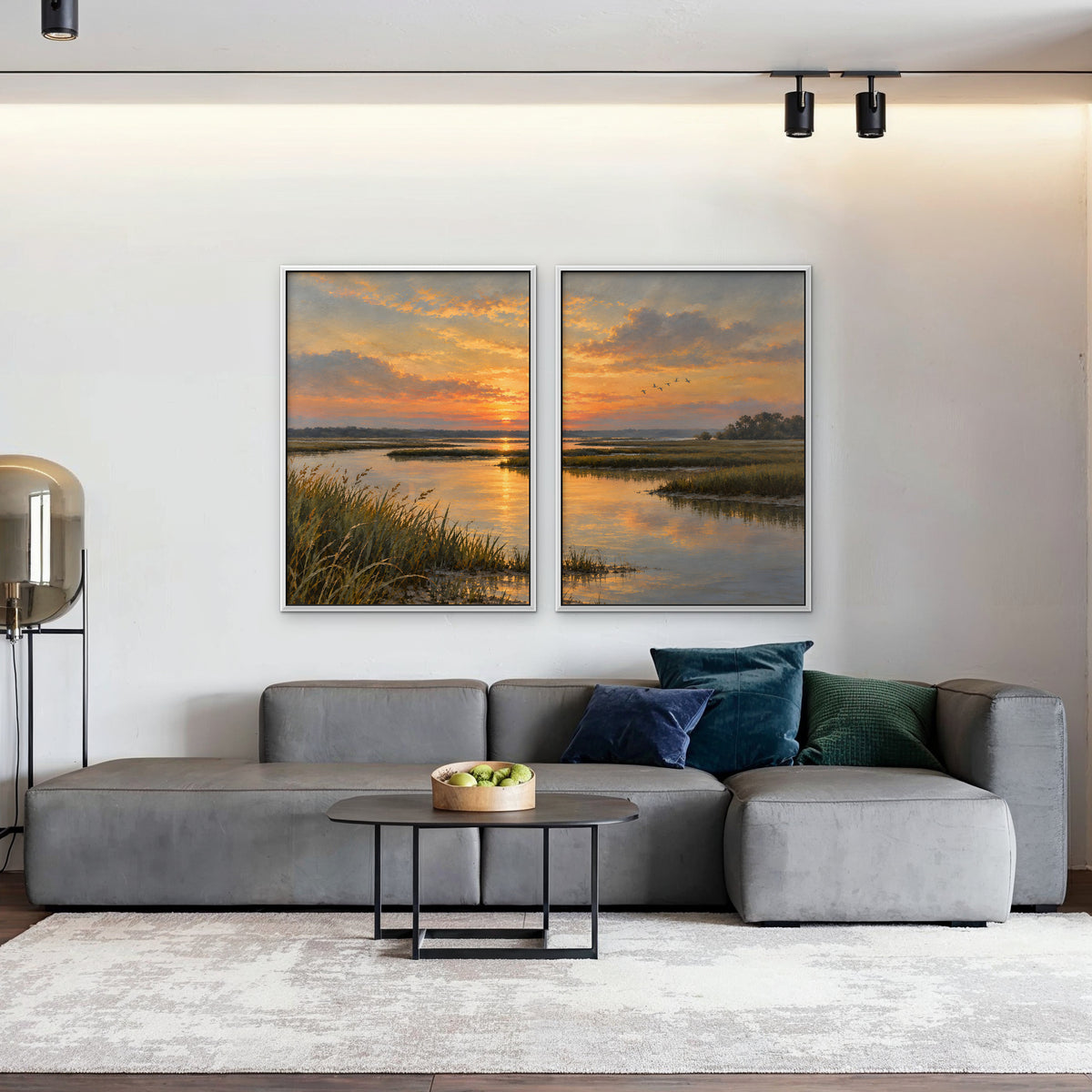 Marsh Sunset Canvas Art - Set of 2 – White Floating Frame in room setting
