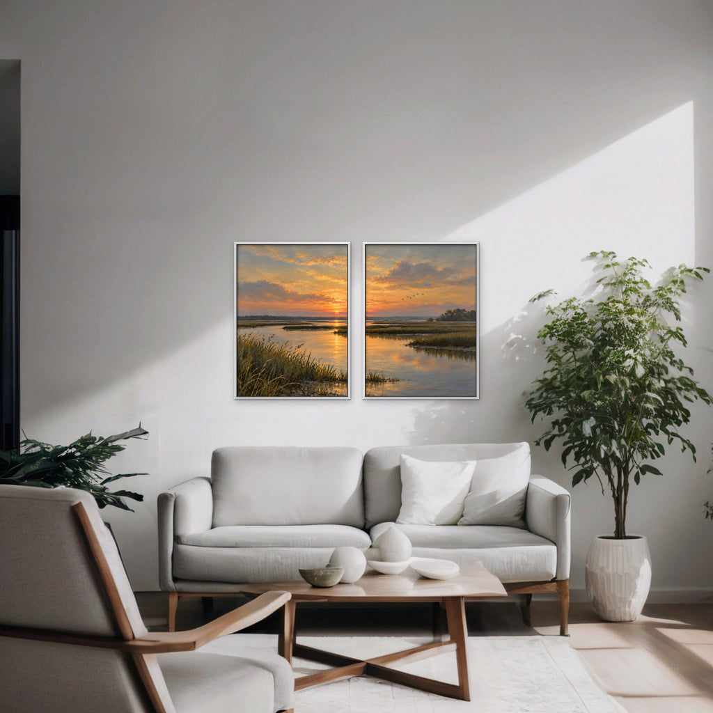 Marsh Sunset Canvas Art - Set of 2 – White Floating Frame in room setting