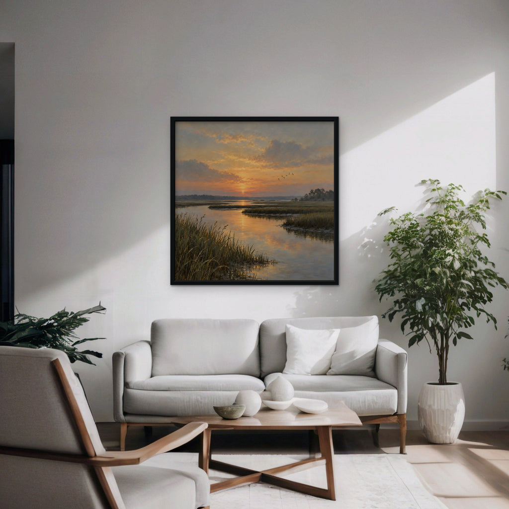 Marsh Sunset Canvas Art - Square – Black Floating Frame in room setting