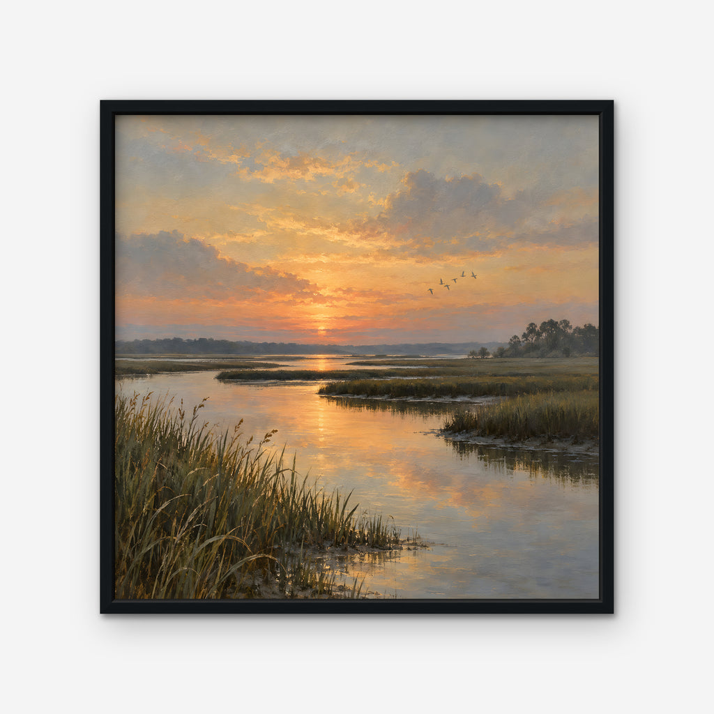 Marsh Sunset Canvas Art - Square – Black Floating Frame on white background