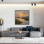 Marsh Sunset Canvas Art - Square – Gold Floating Frame in room setting