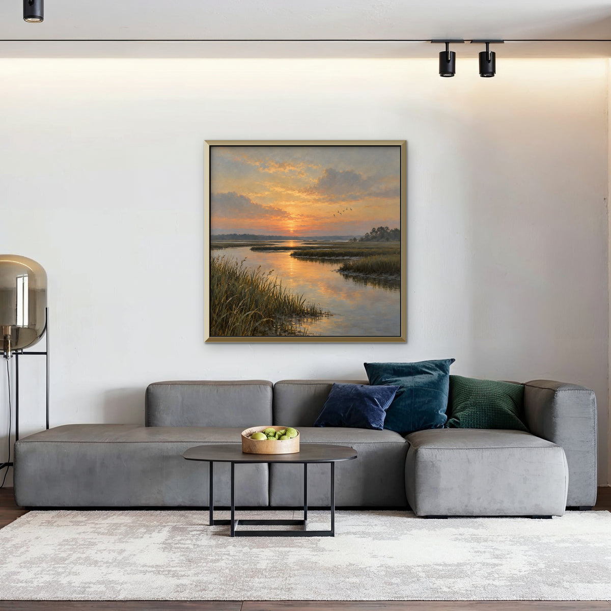 Marsh Sunset Canvas Art - Square – Gold Floating Frame in room setting