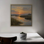 Marsh Sunset Canvas Art - Square – Gold Floating Frame in room setting