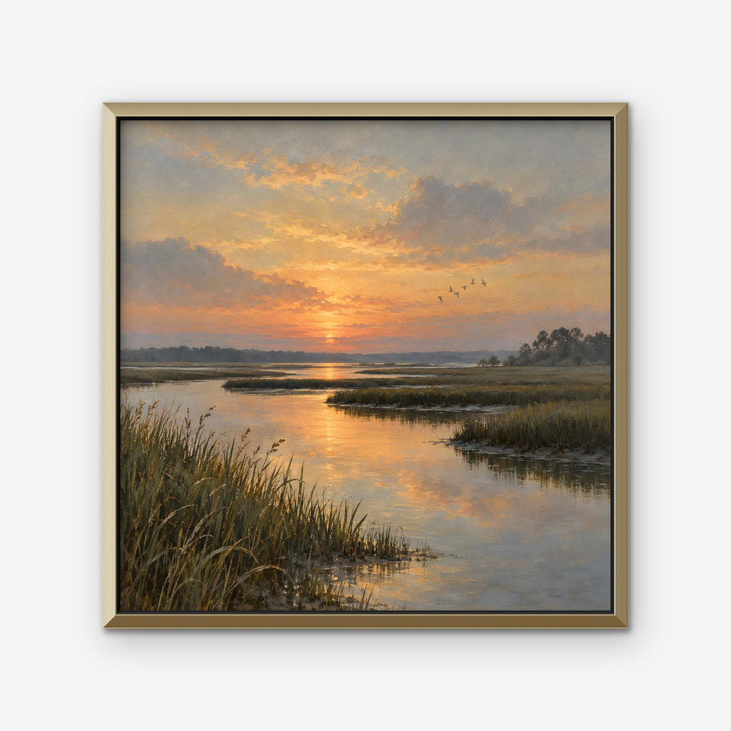 Marsh Sunset Canvas Art - Square – Gold Floating Frame on white background