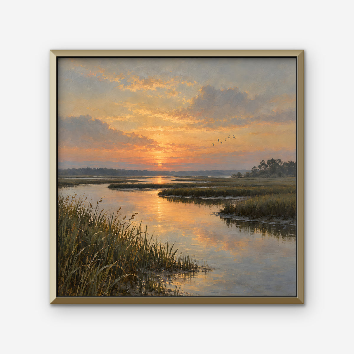 Marsh Sunset Canvas Art - Square – Gold Floating Frame on white background